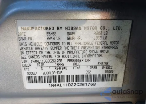 2002 Nissan Altima 2.5 Sl из США, поврежденный, VIN 1N4AL11D22C261768